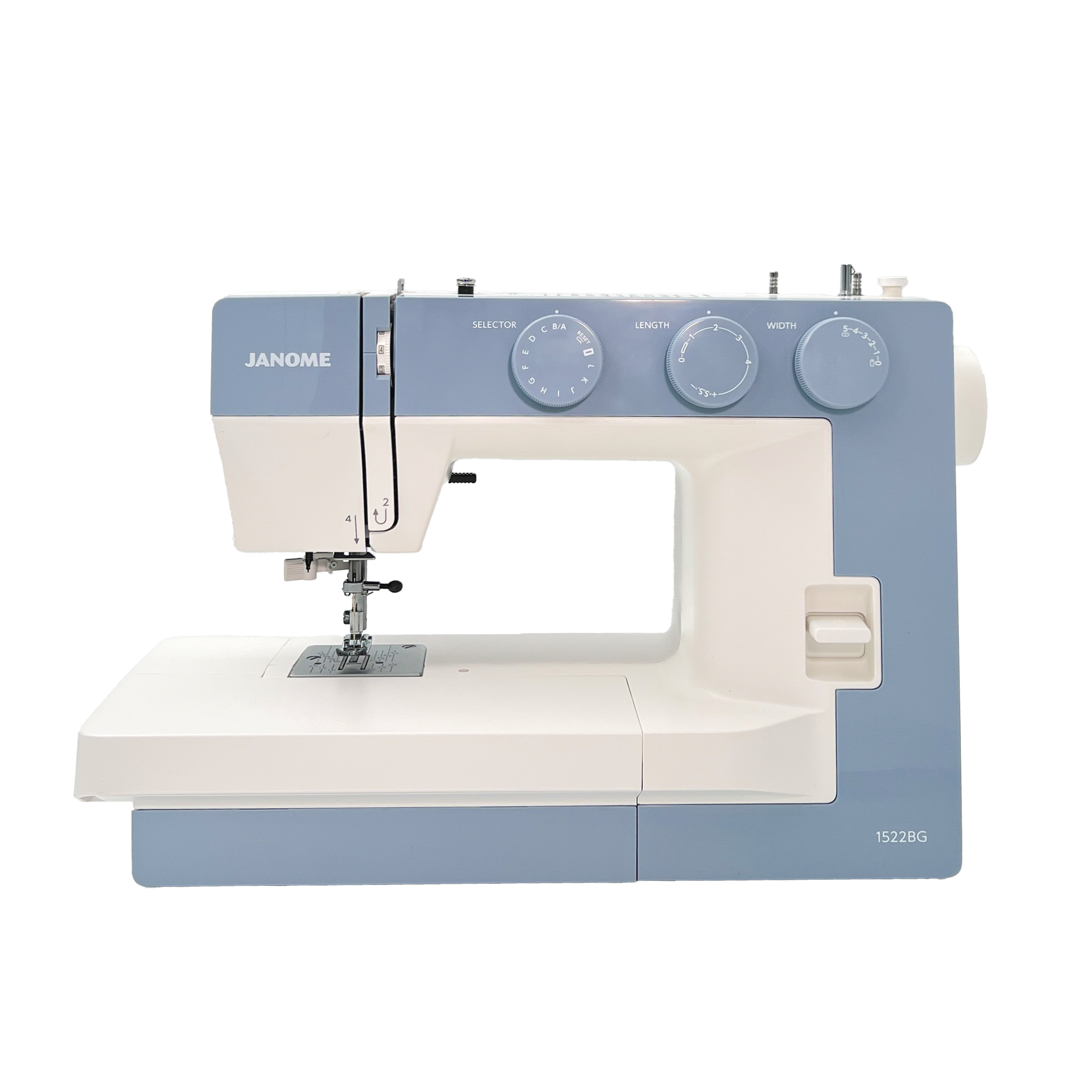 Blue and white Janome sewing machine on a white background